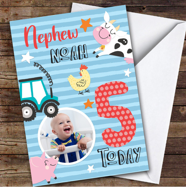 Boy's Farm Animals Photo Nephew 5th Birthday Personalized Birthday Card