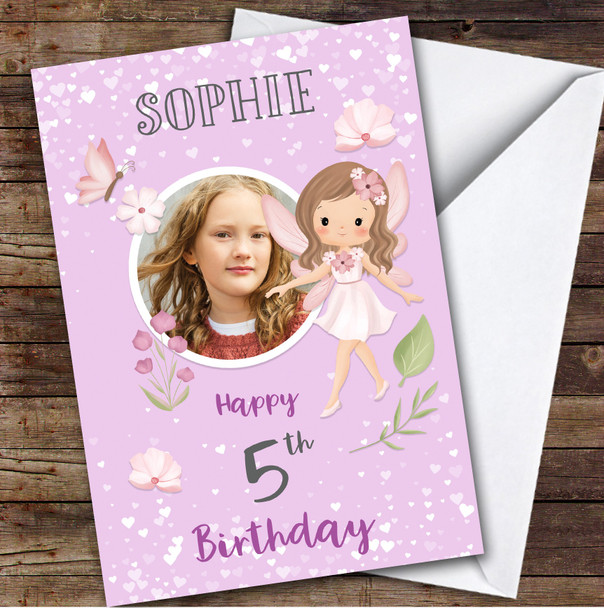 Girl's Fairy Girl Purple Photo 5th Birthday Personalized Birthday Card