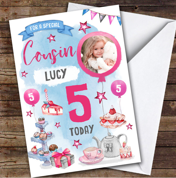 Girl's Tea Party Photo Cousin 5th Birthday Personalized Birthday Card