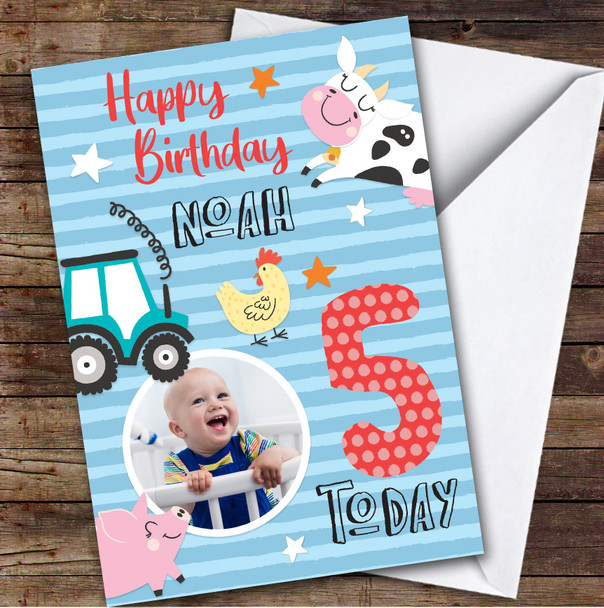 Boy's Farm Animals Photo 5th Birthday Personalized Birthday Card