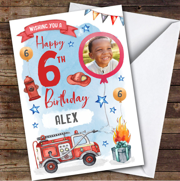 Boy's Fire Engine Truck Construction Digger Photo 6th Birthday Personalized Card