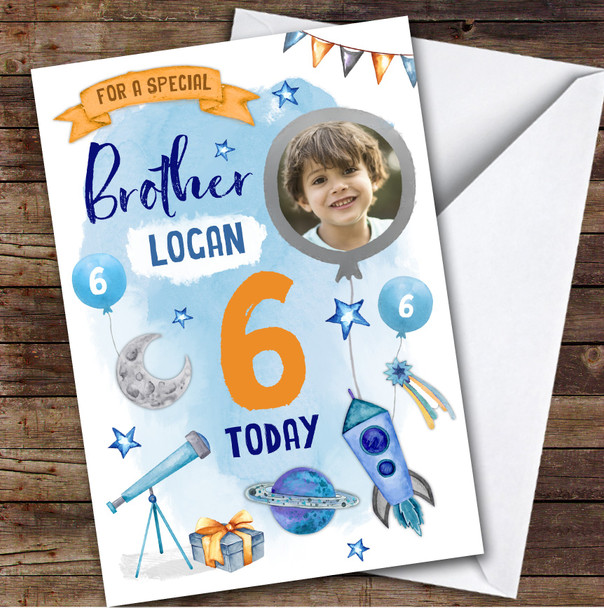 Boy's Space Rocket Astronaut Rocket Photo Brother 6th Birthday Personalized Card