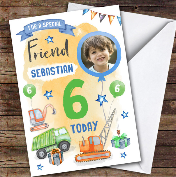 Boy's Truck Gift Construction Digger Photo Friend 6th Birthday Personalized Card