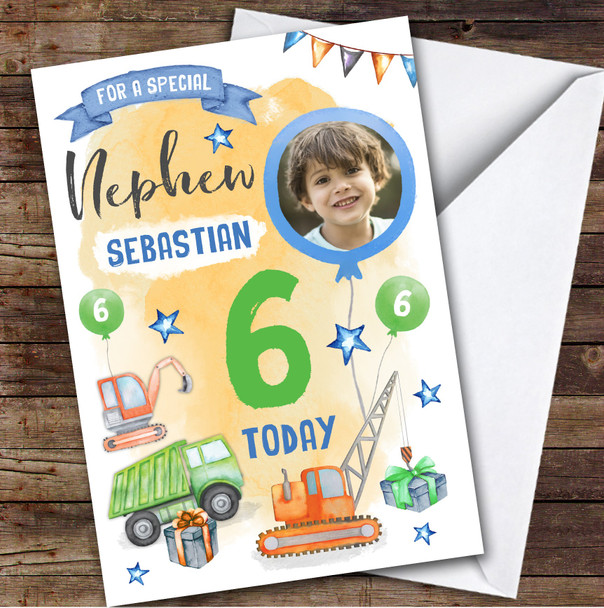 Boy's Truck Gift Construction Digger Photo Nephew 6th Birthday Personalized Card