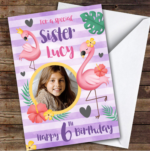 Girl's Flamingo Pink Purple Photo Sister 6th Birthday Personalized Birthday Card