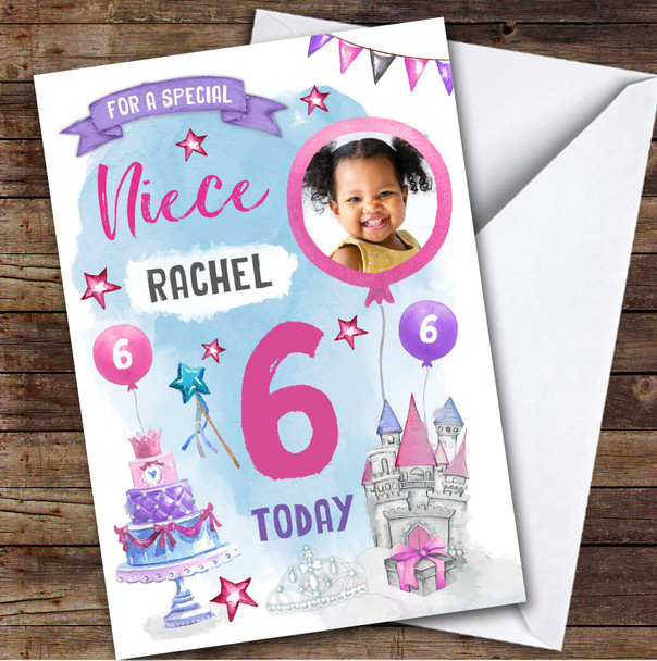 Girl's Princess Castle Crown Photo Niece 6th Birthday Personalized Birthday Card