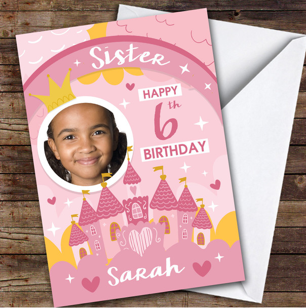 Girl's Princess Pink Castle Photo Sister 6th Birthday Personalized Birthday Card