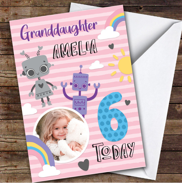 Girl's Robot Rainbow Photo Granddaughter 6th Birthday Personalized Birthday Card