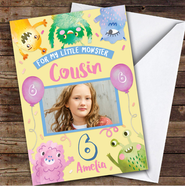 Girl's Little Monster Girl's Yellow Photo Cousin 6th Birthday Personalized Card