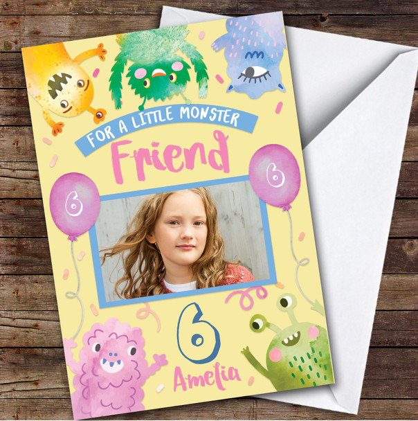 Girl's Little Monster Girl's Yellow Photo Friend 6th Birthday Personalized Card