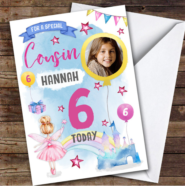 Girl's Fairy Magical Rainbow Castle Photo Cousin 6th Birthday Personalized Card