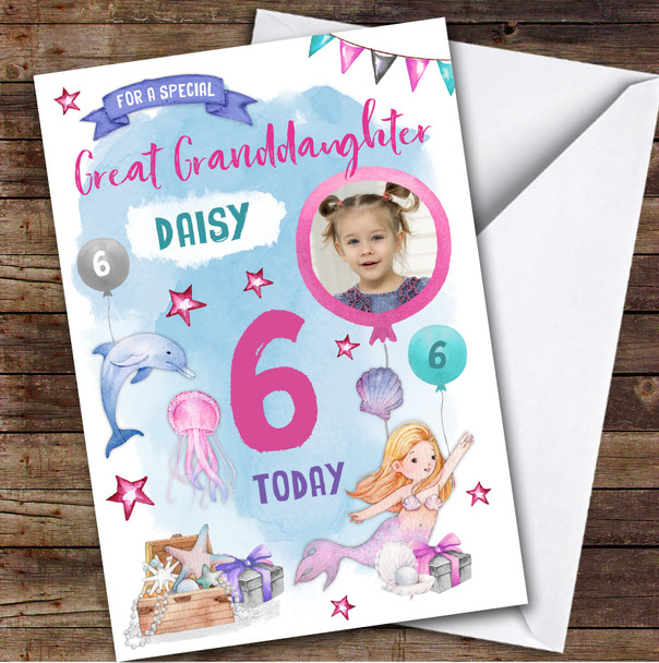 Girl's Mermaid Dolphin Photo Great Granddaughter 6th Birthday Personalized Card