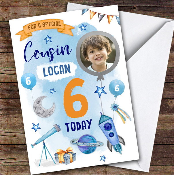 Boy's Space Rocket Astronaut Rocket Photo Cousin 6th Birthday Personalized Card
