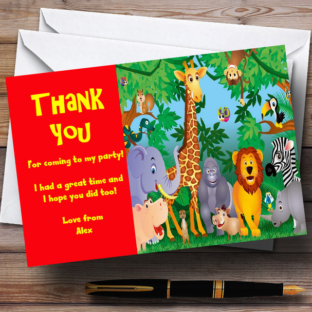 Red Jungle Animals Personalized Children's Party Thank You Cards