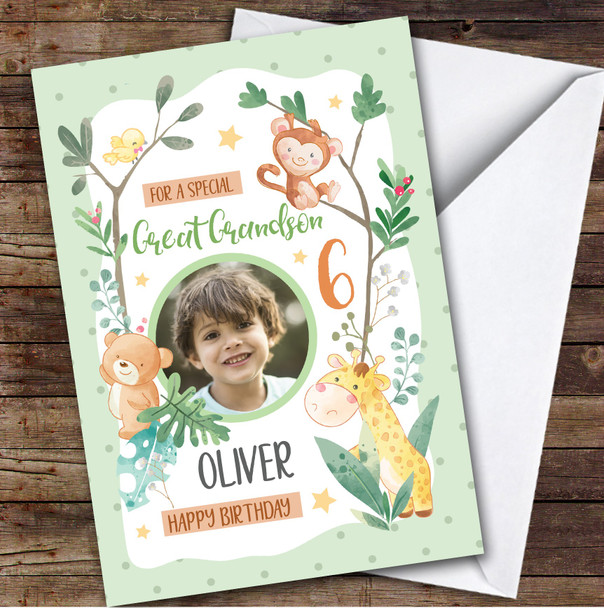 Boy's Safari Jungle Animal Photo Great Grandson 6th Birthday Personalized Card