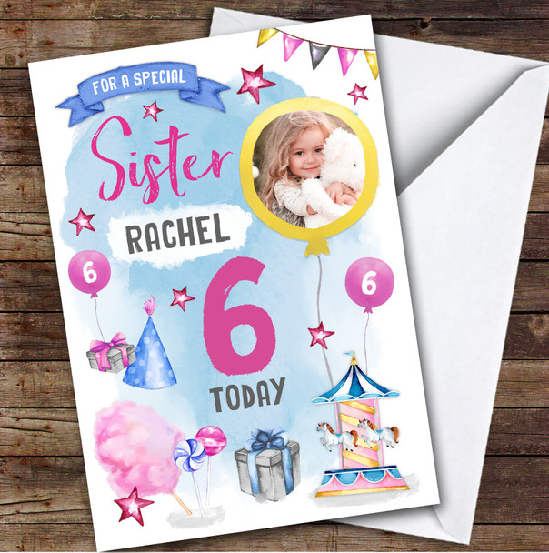 Girl's Fun Fair Candy Floss Sweets Photo Sister 6th Birthday Personalized Card