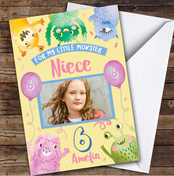 Girl's Little Monster Girl's Yellow Photo Niece 6th Birthday Personalized Card