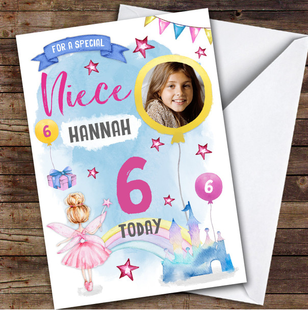 Girl's Fairy Magical Rainbow Castle Photo Niece 6th Birthday Personalized Card