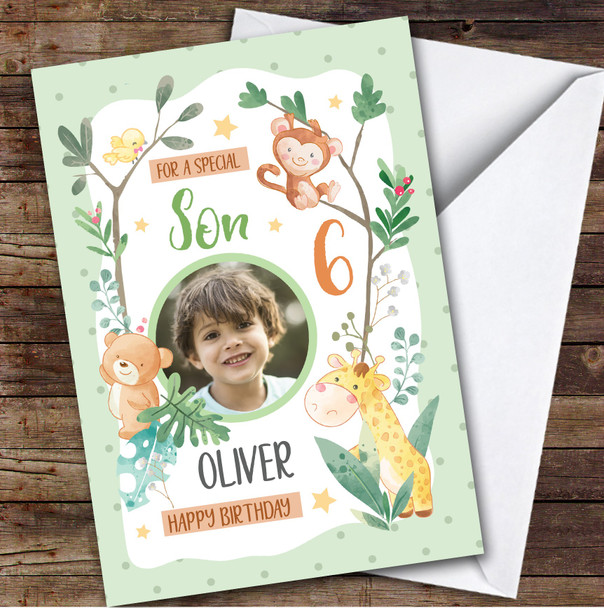 Boy's Safari Jungle Animal Green Boys Photo Son 6th Birthday Personalized Card