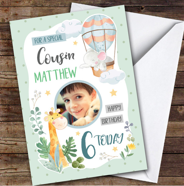 Boy's Hot Air Balloon Animal Green Photo Cousin 6th Birthday Personalized Card