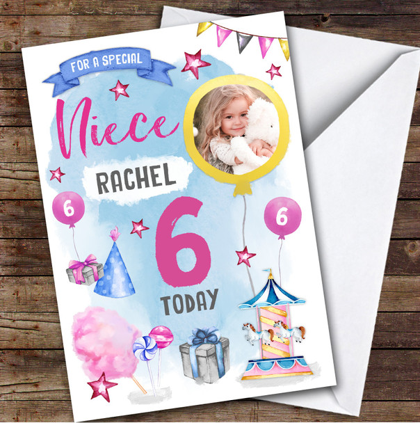 Girl's Fun Fair Candy Floss Sweets Photo Niece 6th Birthday Personalized Card Girl's Fun Fair Candy Floss Sweets Photo Niece 6th Birthday Personalized Card