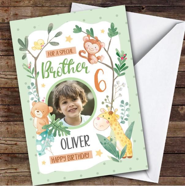 Boy's Safari Jungle Animal Green Photo Brother 6th Birthday Personalized Card