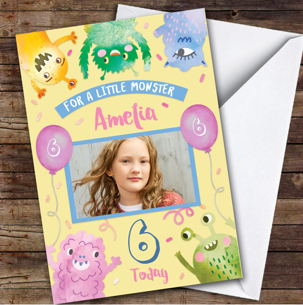 Girl's Little Monster Girl's Cute Yellow Photo 6th Birthday Personalized Card