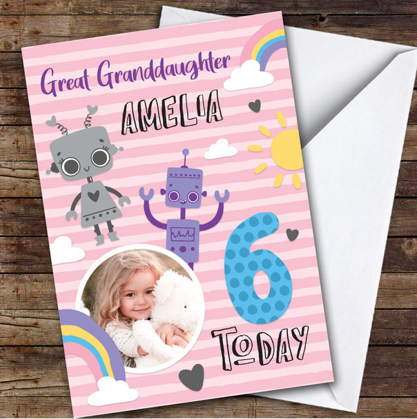 Girl's Robot Rainbow Photo Great Granddaughter 6th Birthday Personalized Card