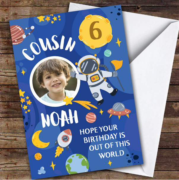 Boy's Space Rocket Astronaut Blue Photo Cousin 6th Birthday Personalized Card