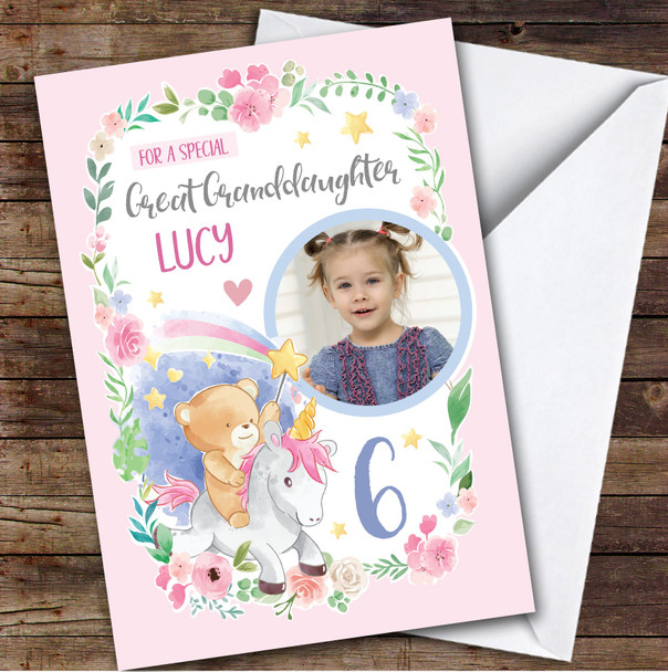 Girl's Unicorn Pink Photo Great Granddaughter 6th Birthday Personalized Card
