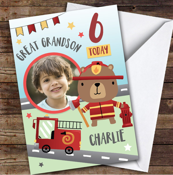 Boy's Fireman Fire truck Photo Great Grandson 6th Birthday Personalized Card