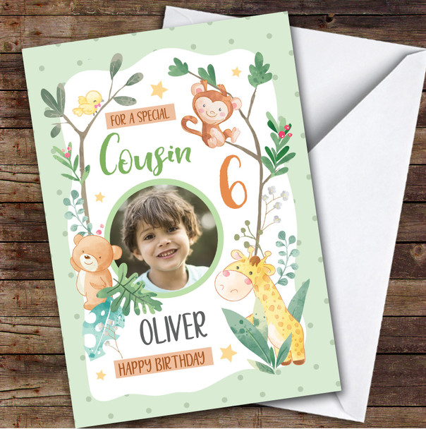 Boy's Safari Jungle Animal Green Photo Cousin 6th Birthday Personalized Card