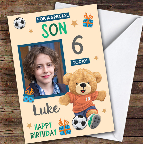 Boy's Football Bear Orange Photo Son 6th Birthday Personalized Birthday Card