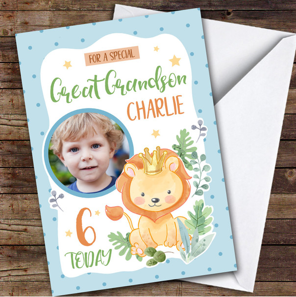 Boy's Lion Blue Photo Great Grandson 6th Birthday Personalized Birthday Card