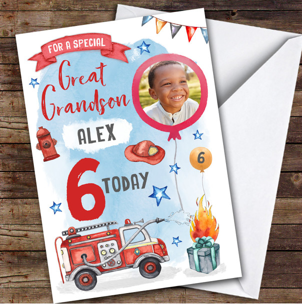 Boy's Fire Truck Digger Photo Great Grandson 6th Birthday Personalized Card