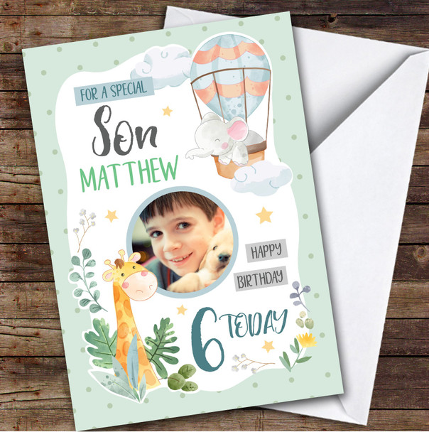 Boy's Hot Air Balloon Animal Green Photo Son 6th Birthday Personalized Card