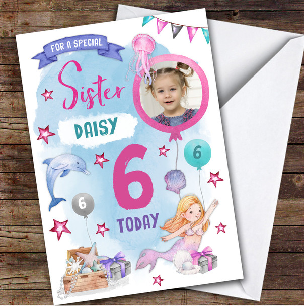 Girl's Mermaid Dolphin Photo Sister 6th Birthday Personalized Birthday Card