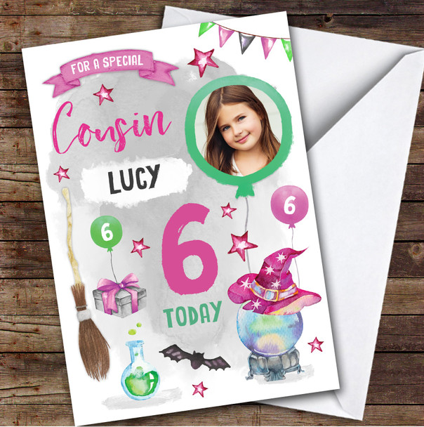 Girl's Magical Witch Halloween Photo Cousin 6th Birthday Personalized Card