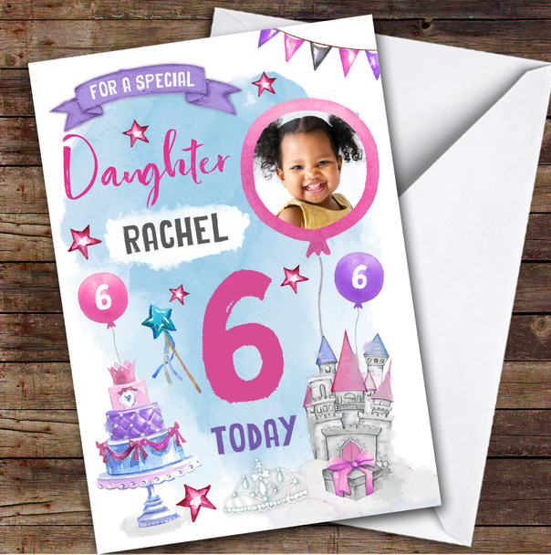 Girl's Princess Castle Crown Photo Daughter 6th Birthday Personalized Card