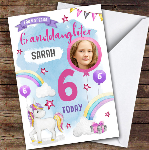 Girl's Unicorn Photo Granddaughter 6th Birthday Personalized Birthday Card