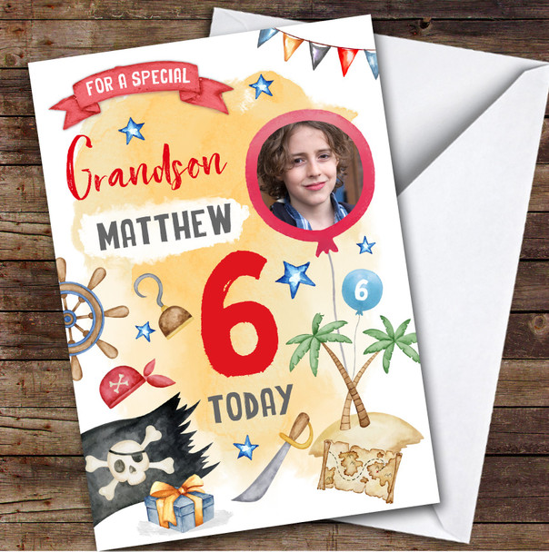 Boy's Pirate Island Photo Grandson 6th Birthday Personalized Birthday Card