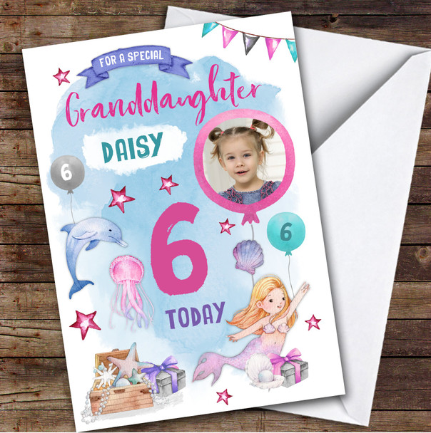 Girl's Mermaid Dolphin Photo Granddaughter 6th Birthday Personalized Card