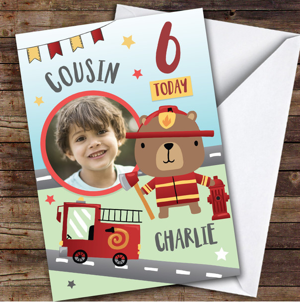 Boy's Fireman Bear Fire truck Photo Cousin 6th Birthday Personalized Card