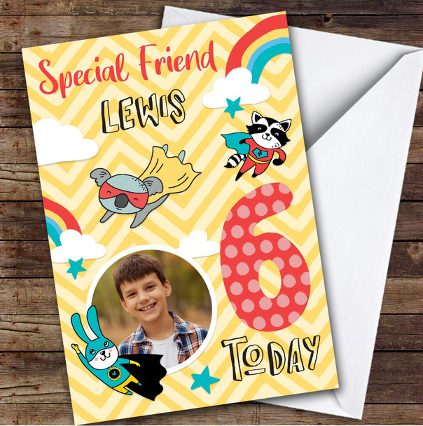 Boy's Superhero Rainbow Comic Photo Friend 6th Birthday Personalized Card