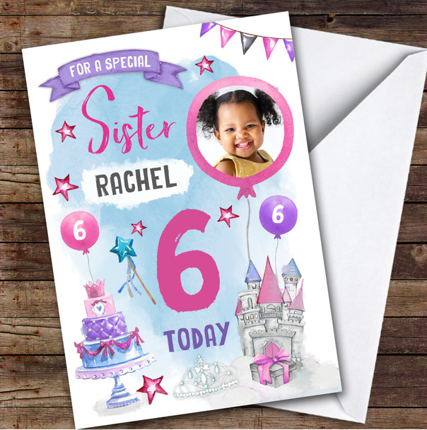 Girl's Princess Castle Crown Photo Sister 6th Birthday Personalized Card