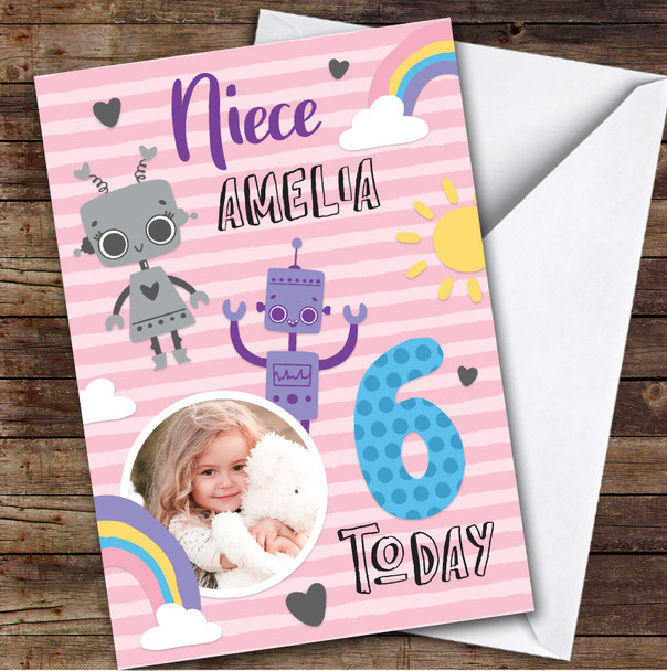 Girl's Robot Rainbow Photo Niece 6th Birthday Personalized Birthday Card