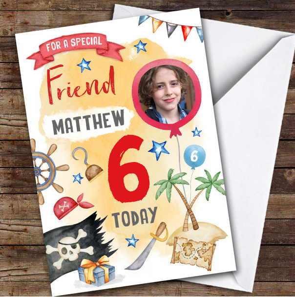 Boy's Pirate Island Photo Friend 6th Birthday Personalized Birthday Card
