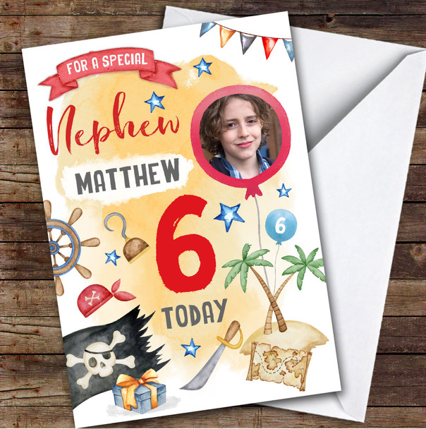 Boy's Pirate Island Photo Nephew 6th Birthday Personalized Birthday Card