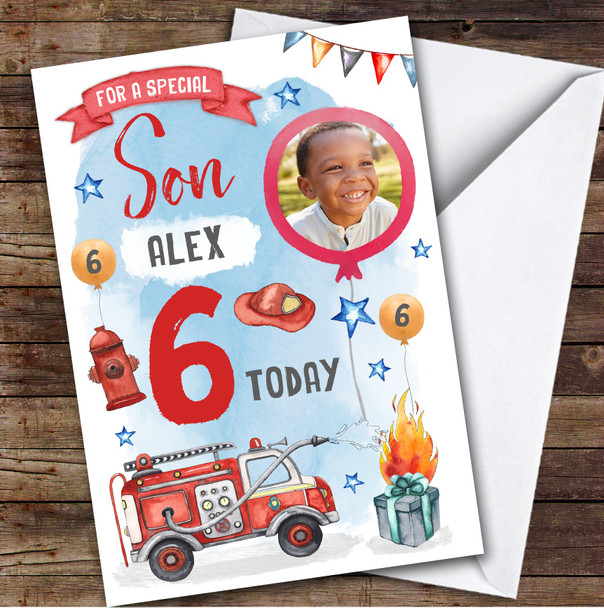 Boy's Fire Engine Truck Digger Photo Son 6th Birthday Personalized Card Boy's Fire Engine Truck Digger Photo Son 6th Birthday Personalized Card
