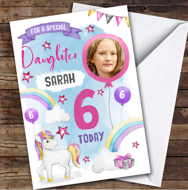 Girl's Unicorn Photo Daughter 6th Birthday Personalized Birthday Card